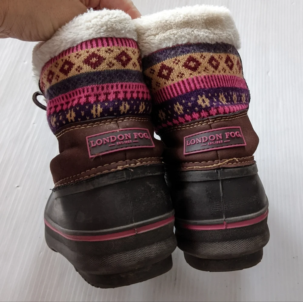 LONDON FOG Tottenham fair isle sweater knit brown suede fur lined lace-up boots